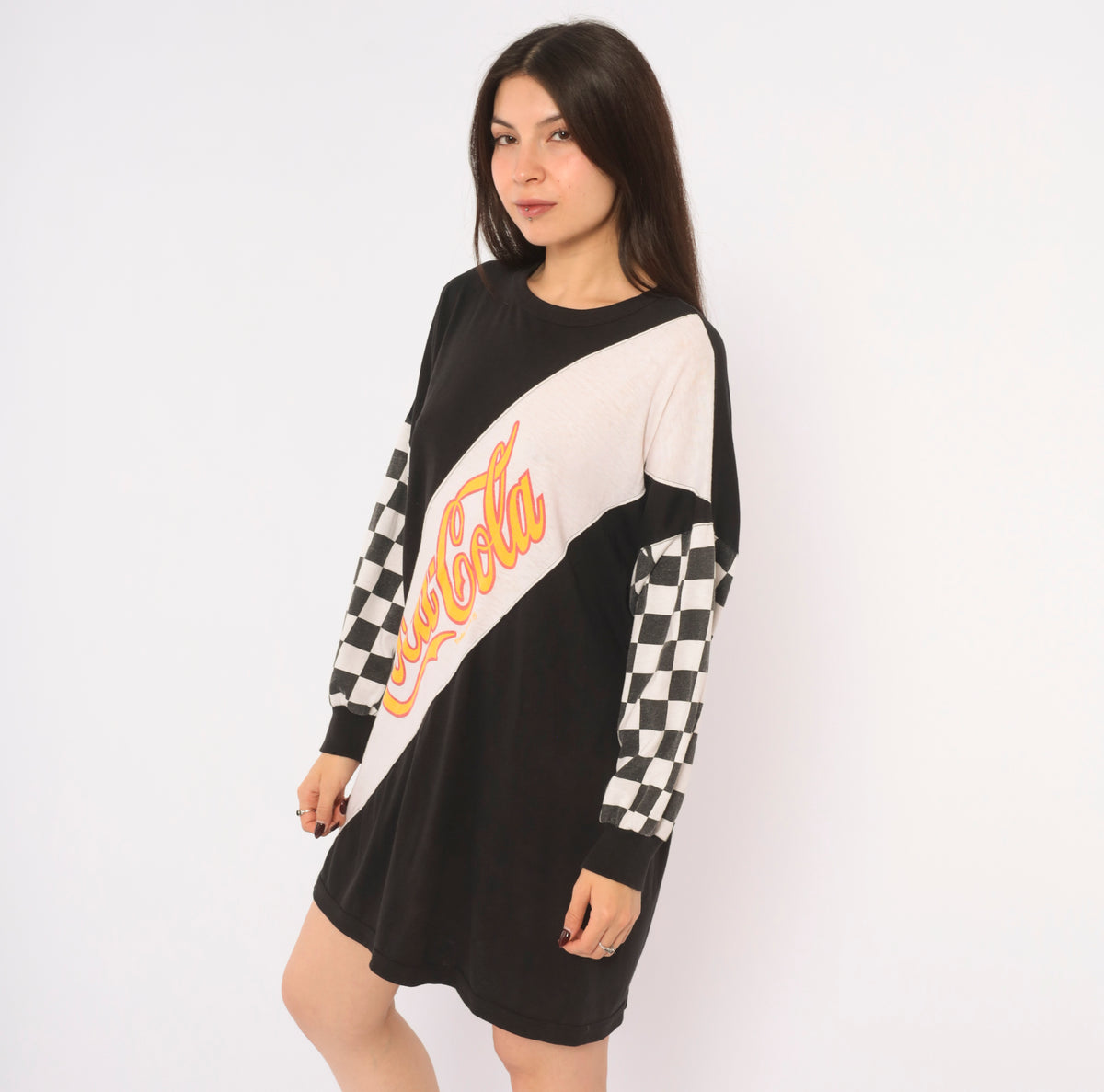 80s Coca-Cola Graphic Tee Black White Checker Print Long Sleeve Cotton T Shirt Color Block Diagonal Logo Crew Neck Boxy Race Flag Tunic Top Soda Pop Medium M