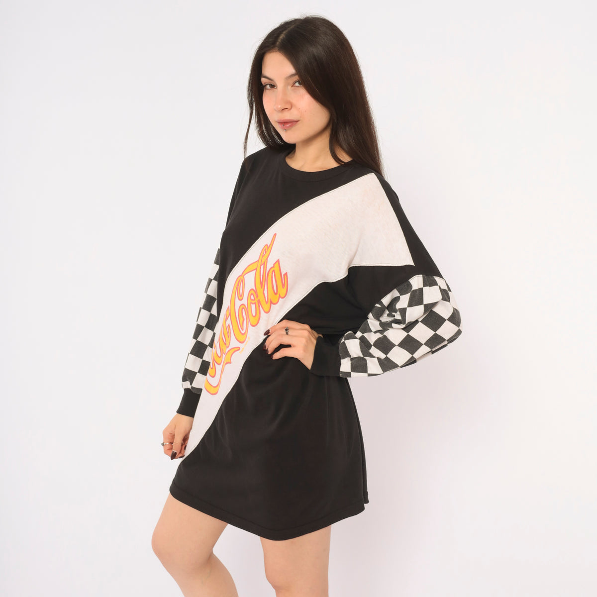 80s Coca-Cola Graphic Tee Black White Checker Print Long Sleeve Cotton T Shirt Color Block Diagonal Logo Crew Neck Boxy Race Flag Tunic Top Soda Pop Medium M