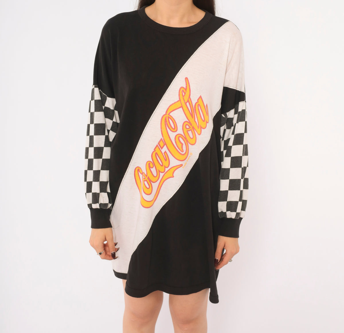 80s Coca-Cola Graphic Tee Black White Checker Print Long Sleeve Cotton T Shirt Color Block Diagonal Logo Crew Neck Boxy Race Flag Tunic Top Soda Pop Medium M