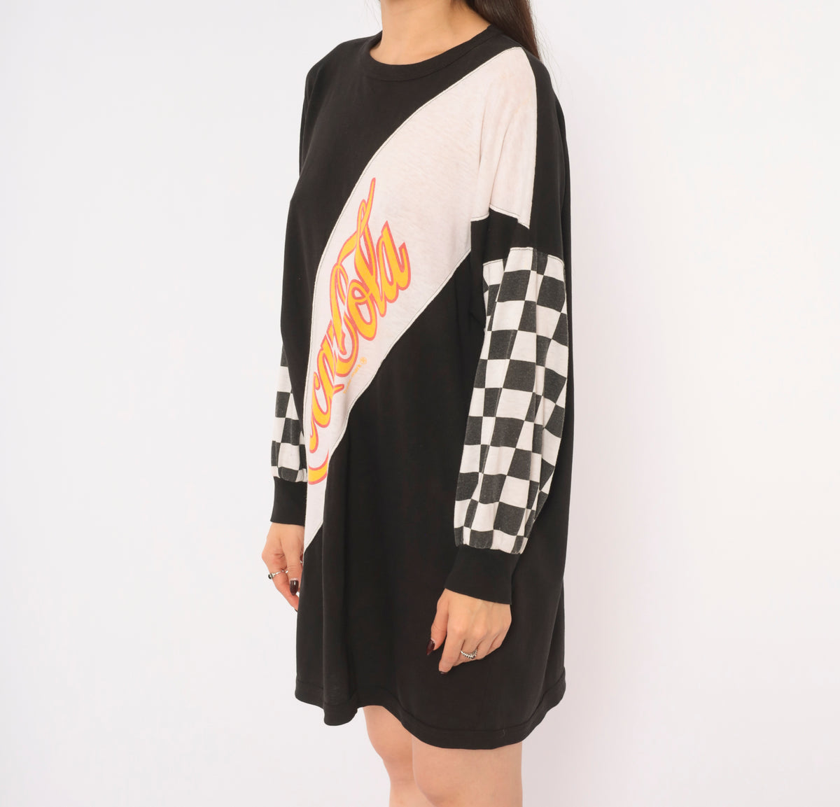 80s Coca-Cola Graphic Tee Black White Checker Print Long Sleeve Cotton T Shirt Color Block Diagonal Logo Crew Neck Boxy Race Flag Tunic Top Soda Pop Medium M