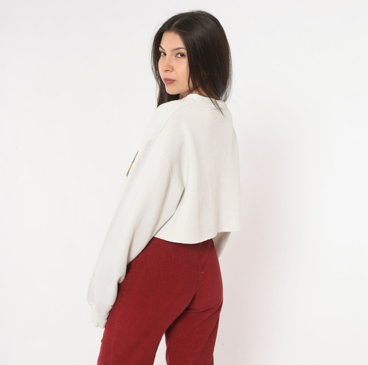 90s Cropped Sweatshirt Cream Wooster College Graphic Crewneck Cotton Long Sleeve Boxy Raw Hem Collegiate Preppy Brown Orange Crop Top Shirt Vintage Jan Sport Medium M