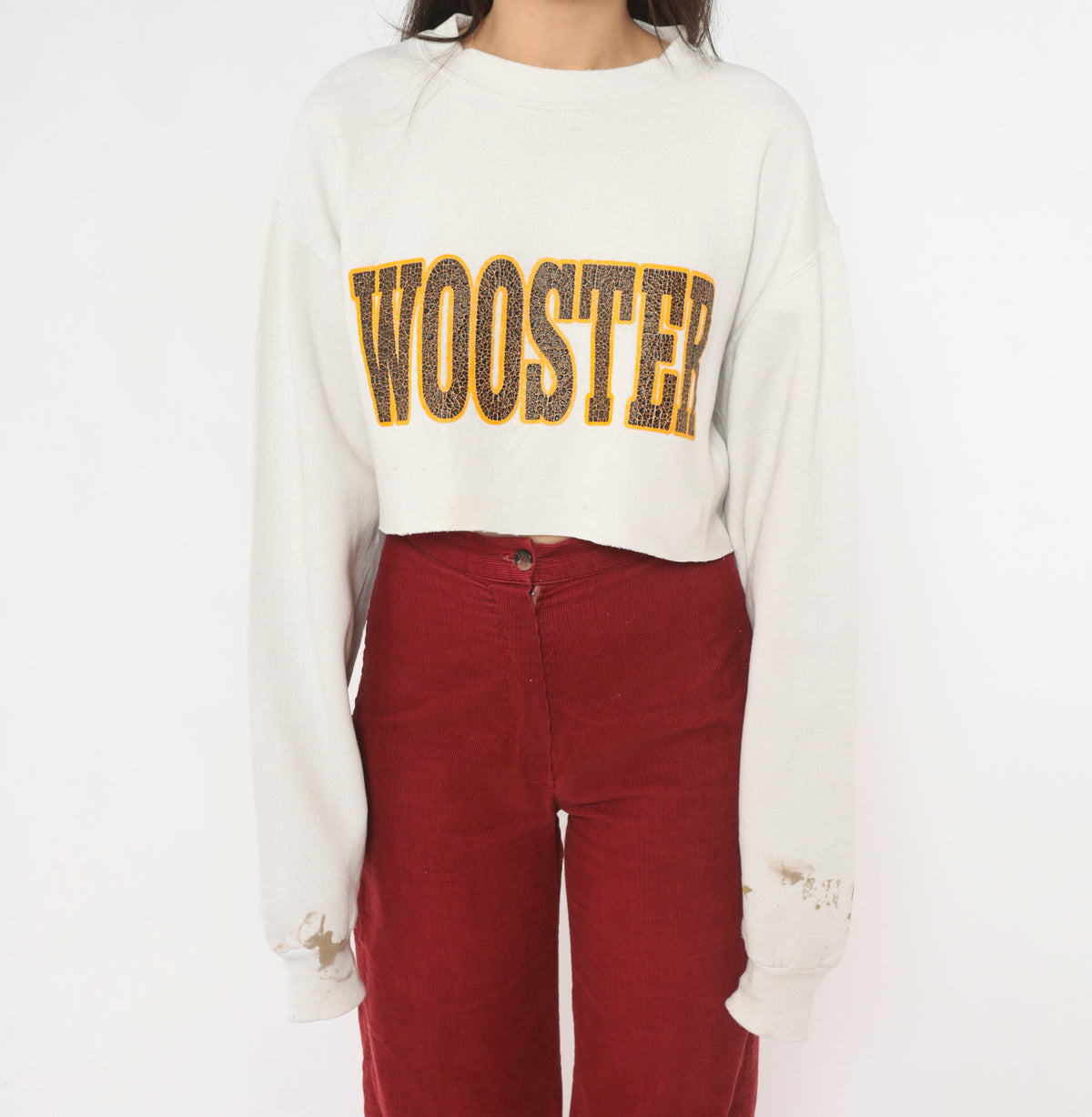 90s Cropped Sweatshirt Cream Wooster College Graphic Crewneck Cotton Long Sleeve Boxy Raw Hem Collegiate Preppy Brown Orange Crop Top Shirt Vintage Jan Sport Medium M