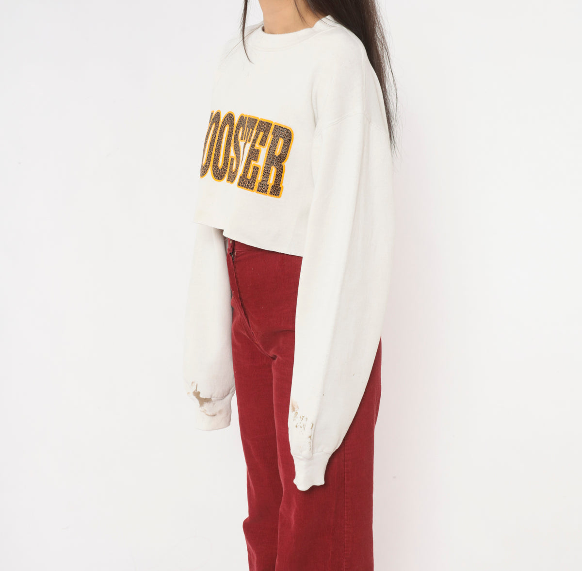 90s Cropped Sweatshirt Cream Wooster College Graphic Crewneck Cotton Long Sleeve Boxy Raw Hem Collegiate Preppy Brown Orange Crop Top Shirt Vintage Jan Sport Medium M