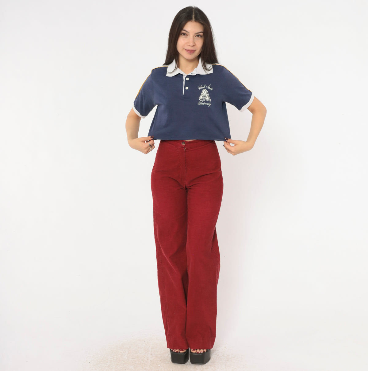 80s Utah State Aggies Crop Top Navy Blue Cotton Polo Shirt White Collar Yellow Stripe Trim Short Sleeve Collegiate University Cropped Preppy Sporty Boxy Tee Small S