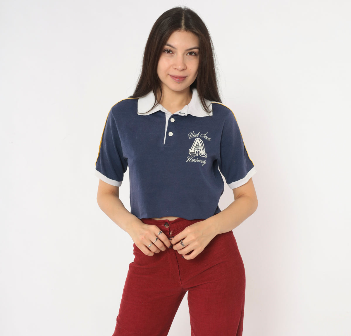 80s Utah State Aggies Crop Top Navy Blue Cotton Polo Shirt White Collar Yellow Stripe Trim Short Sleeve Collegiate University Cropped Preppy Sporty Boxy Tee Small S