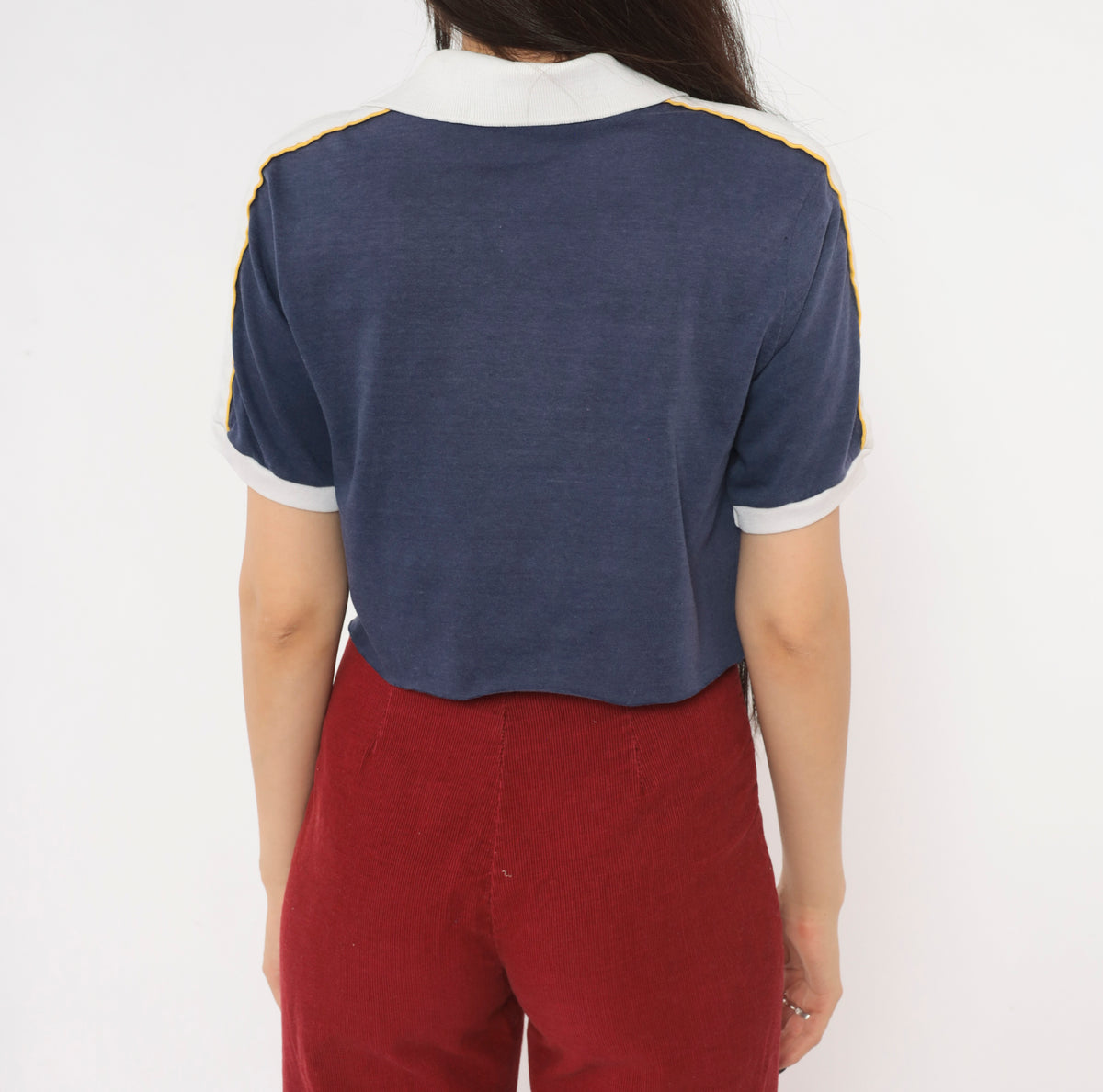 80s Utah State Aggies Crop Top Navy Blue Cotton Polo Shirt White Collar Yellow Stripe Trim Short Sleeve Collegiate University Cropped Preppy Sporty Boxy Tee Small S