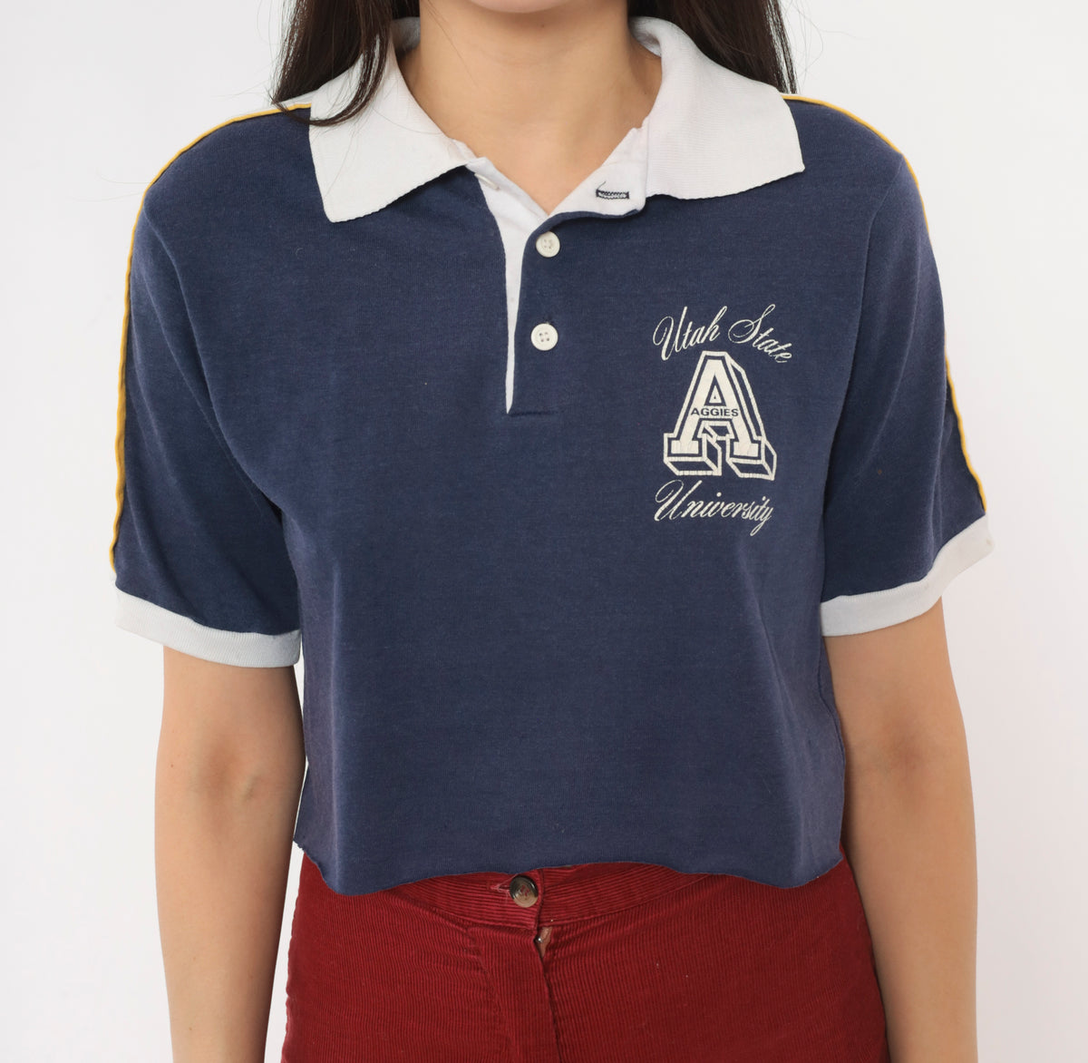80s Utah State Aggies Crop Top Navy Blue Cotton Polo Shirt White Collar Yellow Stripe Trim Short Sleeve Collegiate University Cropped Preppy Sporty Boxy Tee Small S