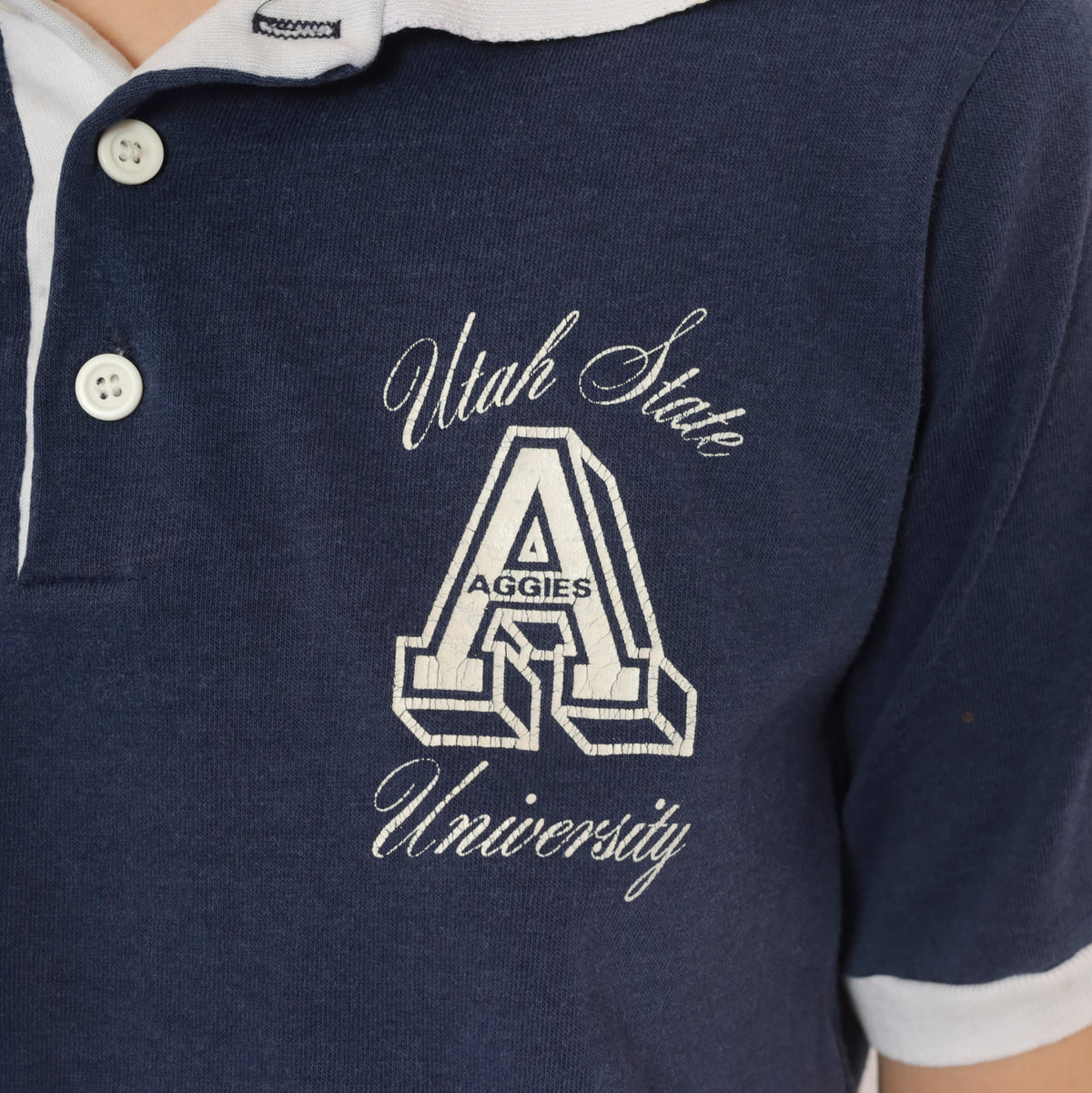 80s Utah State Aggies Crop Top Navy Blue Cotton Polo Shirt White Collar Yellow Stripe Trim Short Sleeve Collegiate University Cropped Preppy Sporty Boxy Tee Small S