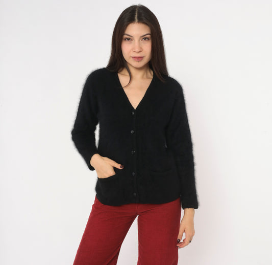 Y2K Black Fuzzy Cardigan Fluffy V Neck Button Front Knit Sweater Patch Pockets Long Sleeve Boxy Goth Grandpacore Knitwear Layering Top Elegant Eve Vintage Extra Small XS