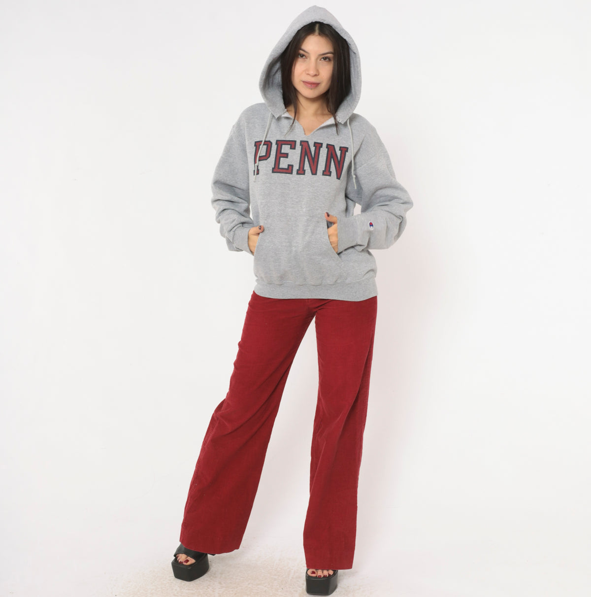 Y2K Champion Penn Hoodie Grey Hooded Sweatshirt Burgundy Collegiate Preppy Cotton Pullover Kangaroo Pocket Split V Neck University Graphic Dark Academia Vintage Small S