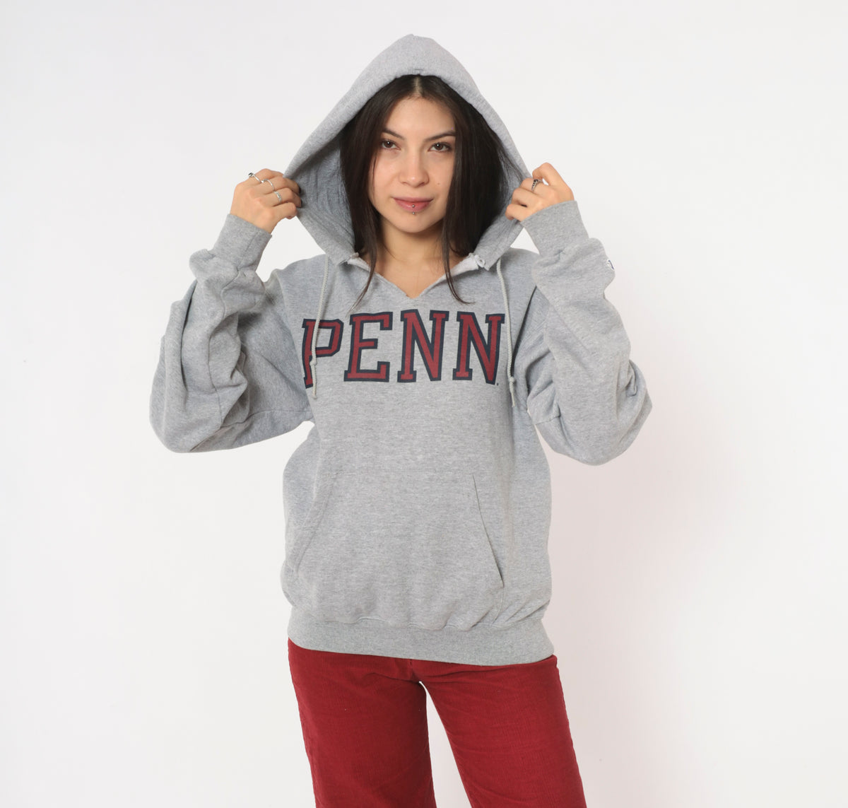Y2K Champion Penn Hoodie Grey Hooded Sweatshirt Burgundy Collegiate Preppy Cotton Pullover Kangaroo Pocket Split V Neck University Graphic Dark Academia Vintage Small S