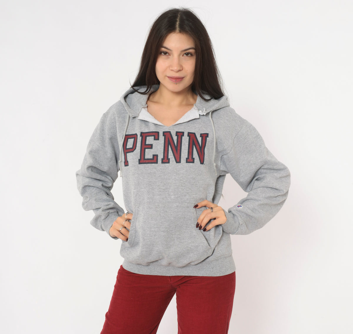 Y2K Champion Penn Hoodie Grey Hooded Sweatshirt Burgundy Collegiate Preppy Cotton Pullover Kangaroo Pocket Split V Neck University Graphic Dark Academia Vintage Small S
