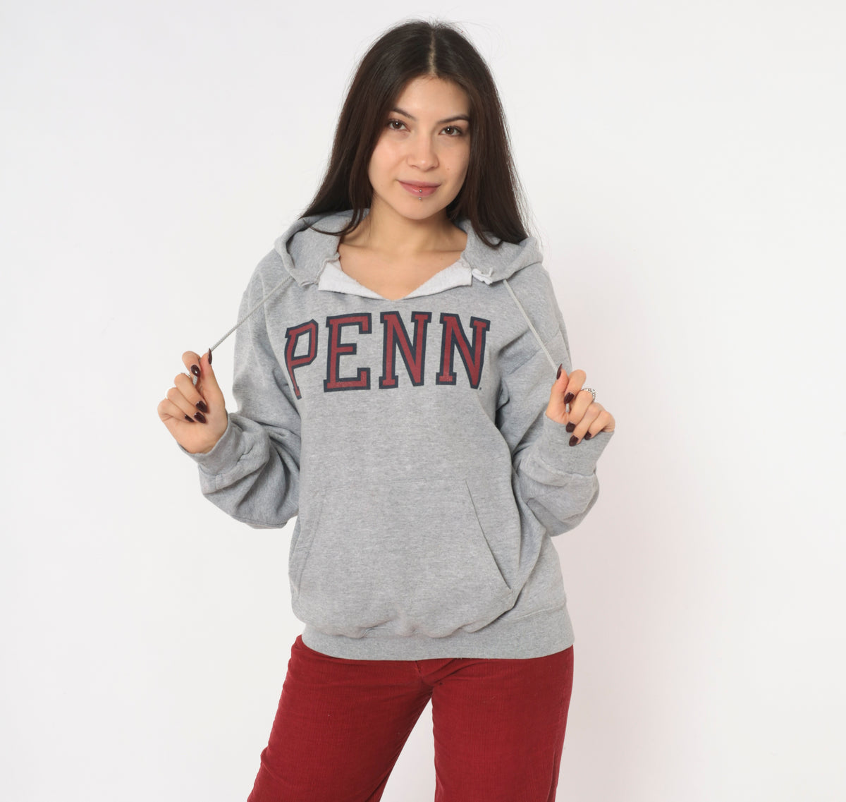 Y2K Champion Penn Hoodie Grey Hooded Sweatshirt Burgundy Collegiate Preppy Cotton Pullover Kangaroo Pocket Split V Neck University Graphic Dark Academia Vintage Small S