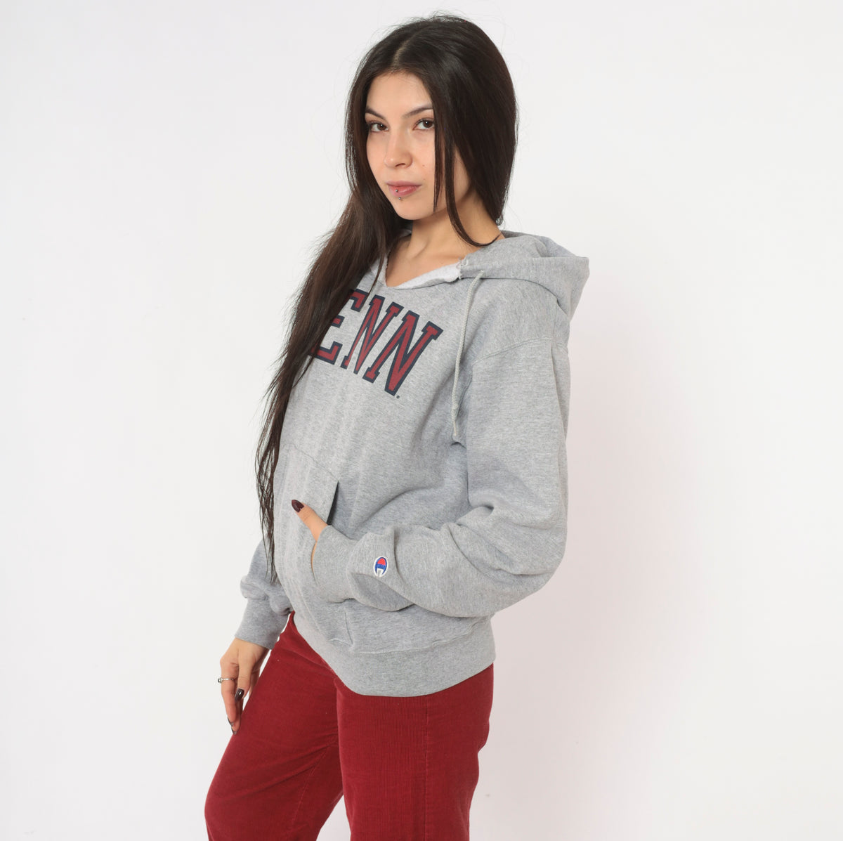 Y2K Champion Penn Hoodie Grey Hooded Sweatshirt Burgundy Collegiate Preppy Cotton Pullover Kangaroo Pocket Split V Neck University Graphic Dark Academia Vintage Small S