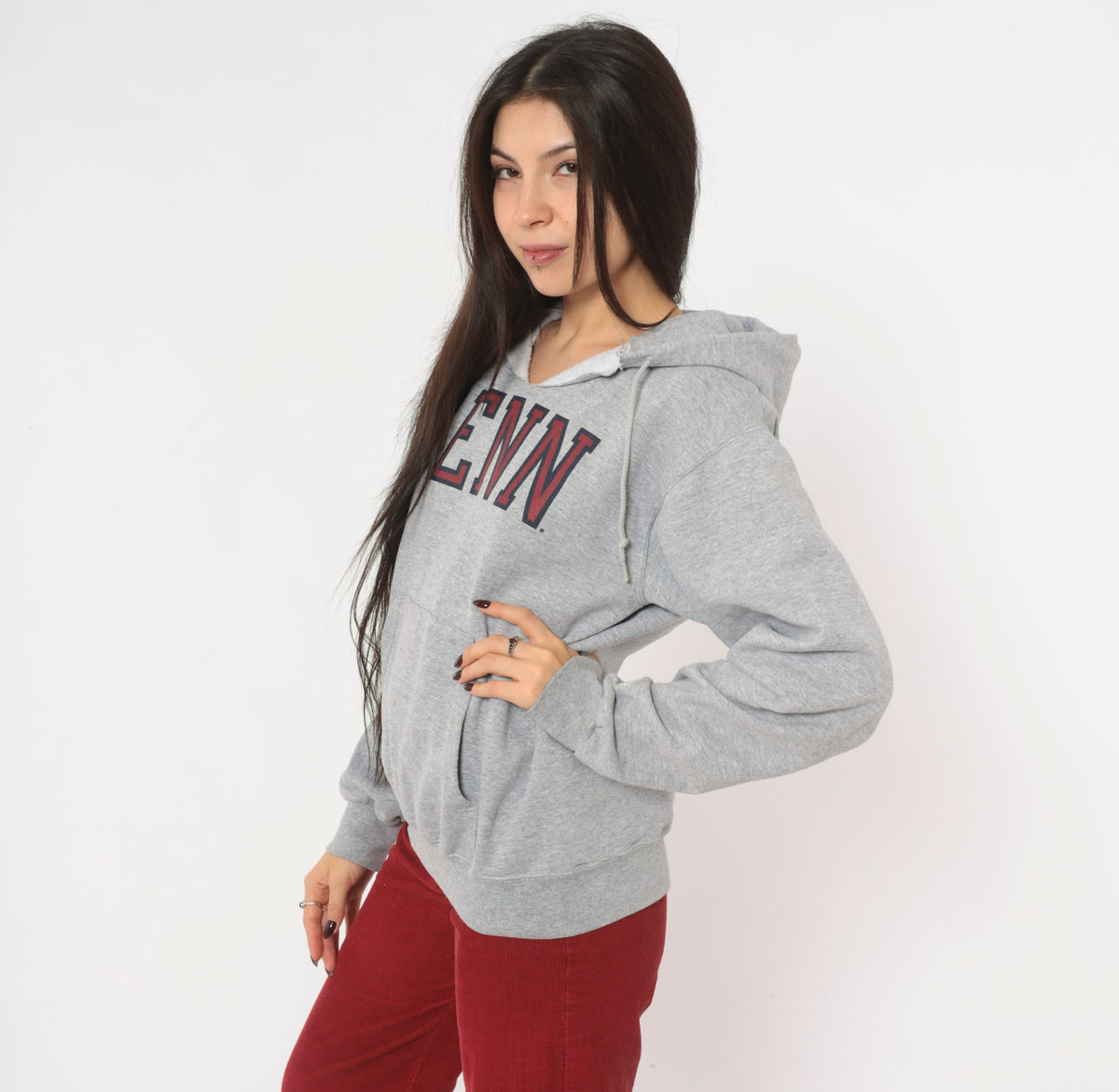 Y2K Champion Penn Hoodie Grey Hooded Sweatshirt Burgundy Collegiate Preppy Cotton Pullover Kangaroo Pocket Split V Neck University Graphic Dark Academia Vintage Small S