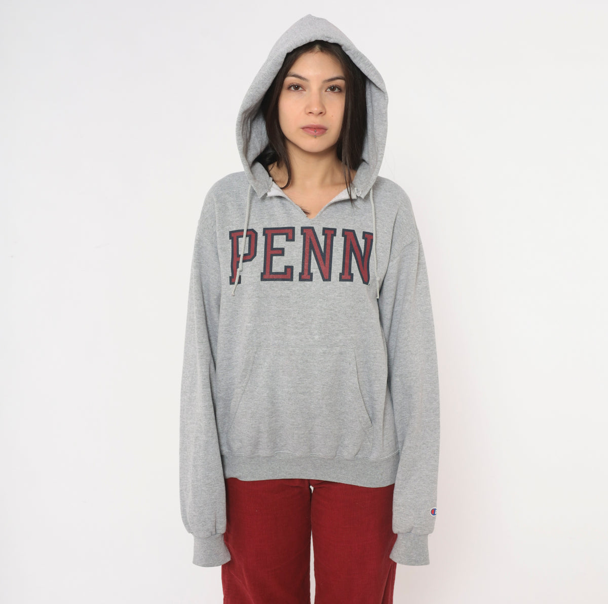 Y2K Champion Penn Hoodie Grey Hooded Sweatshirt Burgundy Collegiate Preppy Cotton Pullover Kangaroo Pocket Split V Neck University Graphic Dark Academia Vintage Small S