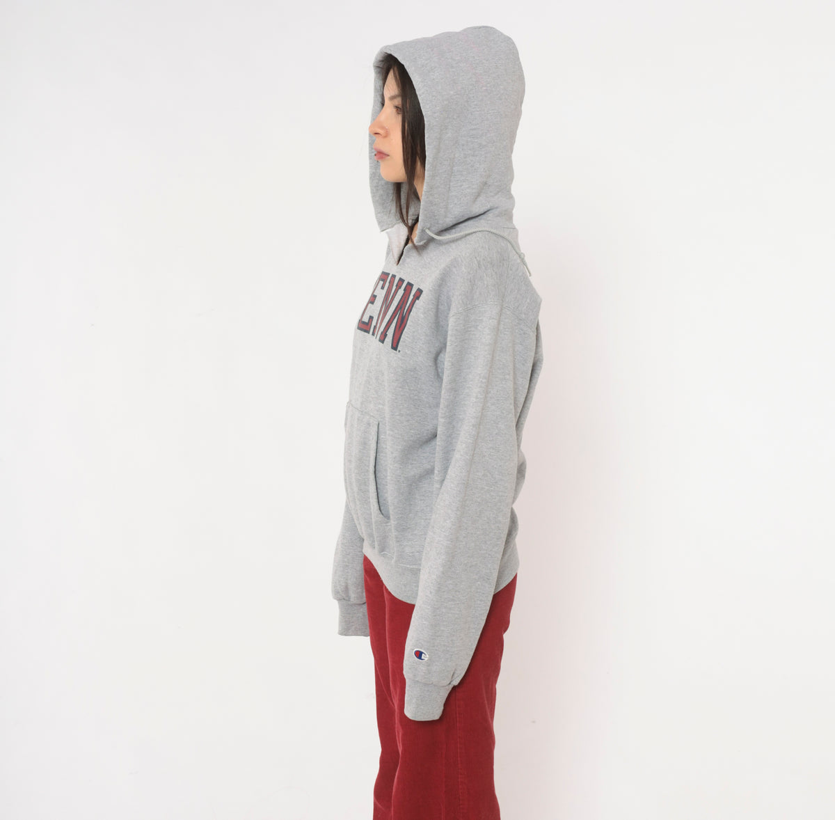 Y2K Champion Penn Hoodie Grey Hooded Sweatshirt Burgundy Collegiate Preppy Cotton Pullover Kangaroo Pocket Split V Neck University Graphic Dark Academia Vintage Small S