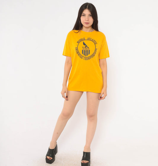 80s USA Swimming Graphic Tee Yellow Gold Cotton Short Sleeve T Shirt Navy Middle Atlantic Championships Sports Crew Neck Boxy Swim Team Shirt Golden Vintage Medium M