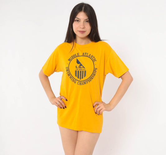 80s USA Swimming Graphic Tee Yellow Gold Cotton Short Sleeve T Shirt Navy Middle Atlantic Championships Sports Crew Neck Boxy Swim Team Shirt Golden Vintage Medium M