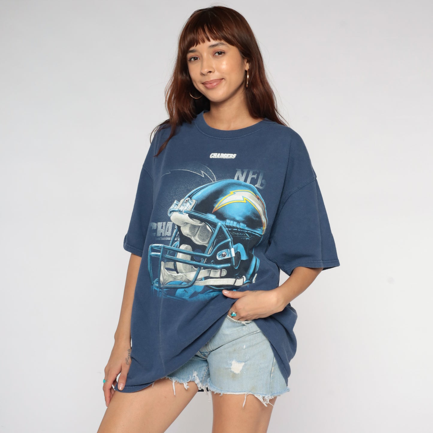 90s NFL Chargers Tshirt Vintage Football Helmet Graphic Navy Blue Faded Cotton Short Sleeve Sports Streetwear Team Logo Extra Large XL