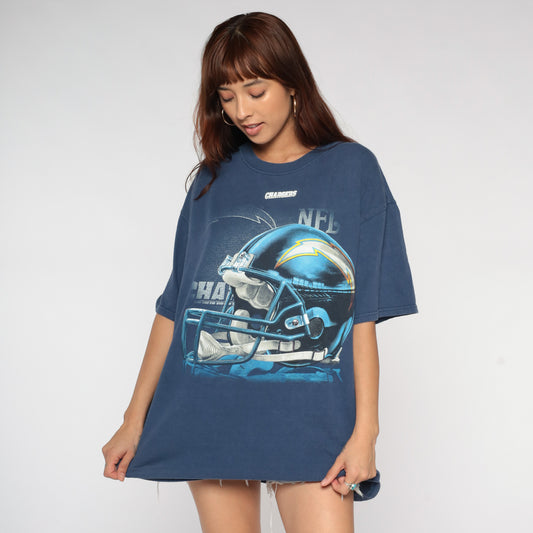 90s NFL Chargers Tshirt Vintage Football Helmet Graphic Navy Blue Faded Cotton Short Sleeve Sports Streetwear Team Logo Extra Large XL