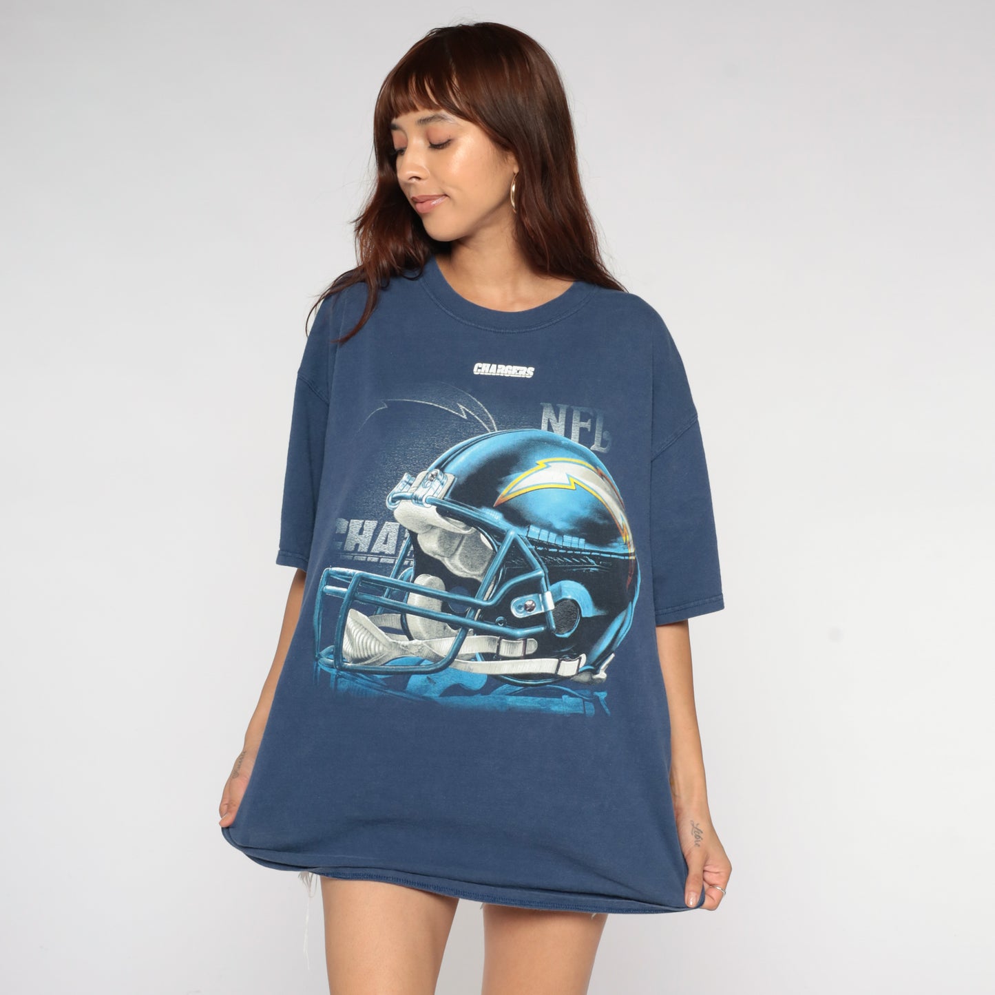 90s NFL Chargers Tshirt Vintage Football Helmet Graphic Navy Blue Faded Cotton Short Sleeve Sports Streetwear Team Logo Extra Large XL