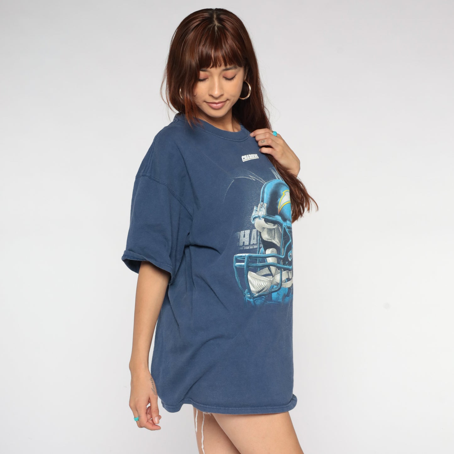 90s NFL Chargers Tshirt Vintage Football Helmet Graphic Navy Blue Faded Cotton Short Sleeve Sports Streetwear Team Logo Extra Large XL