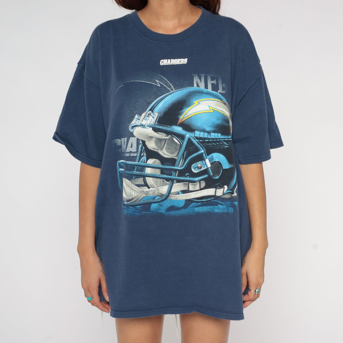 90s NFL Chargers Tshirt Vintage Football Helmet Graphic Navy Blue Faded Cotton Short Sleeve Sports Streetwear Team Logo Extra Large XL