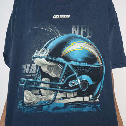 90s NFL Chargers Tshirt Vintage Football Helmet Graphic Navy Blue Faded Cotton Short Sleeve Sports Streetwear Team Logo Extra Large XL