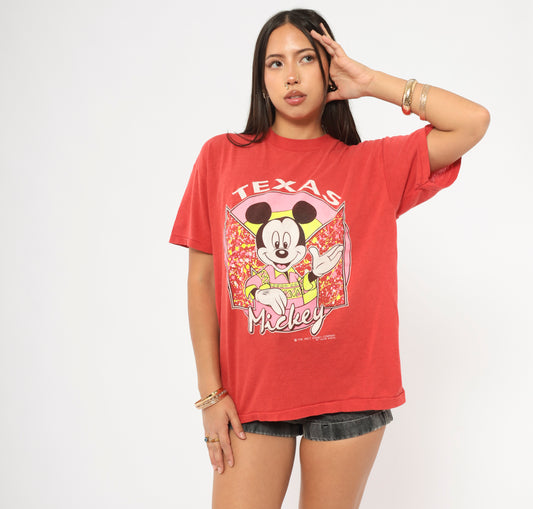 Texas Mickey Mouse Tee 80s Disney Graphic Shirt Red Cotton Cowboy Western Cartoon Short Sleeve Relaxed Fit Scarlet Crimson Top Medium M