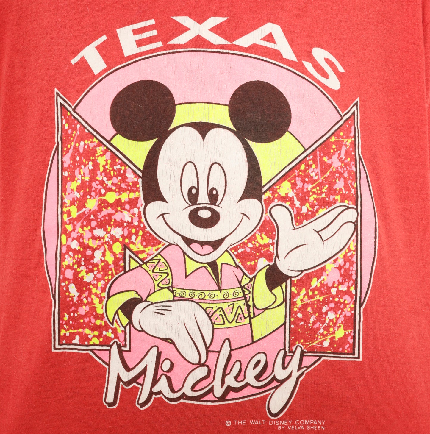 Texas Mickey Mouse Tee 80s Disney Graphic Shirt Red Cotton Cowboy Western Cartoon Short Sleeve Relaxed Fit Scarlet Crimson Top Medium M