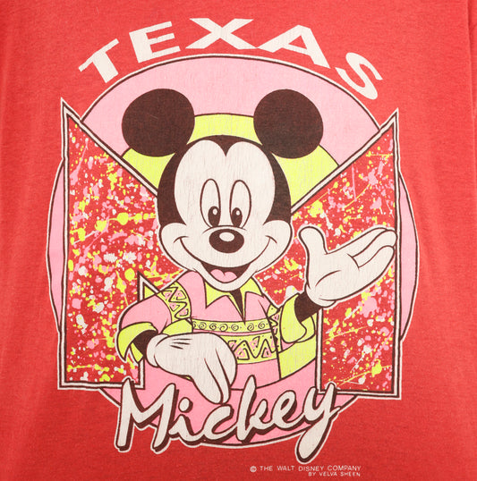 Texas Mickey Mouse Tee 80s Disney Graphic Shirt Red Cotton Cowboy Western Cartoon Short Sleeve Relaxed Fit Scarlet Crimson Top Medium M