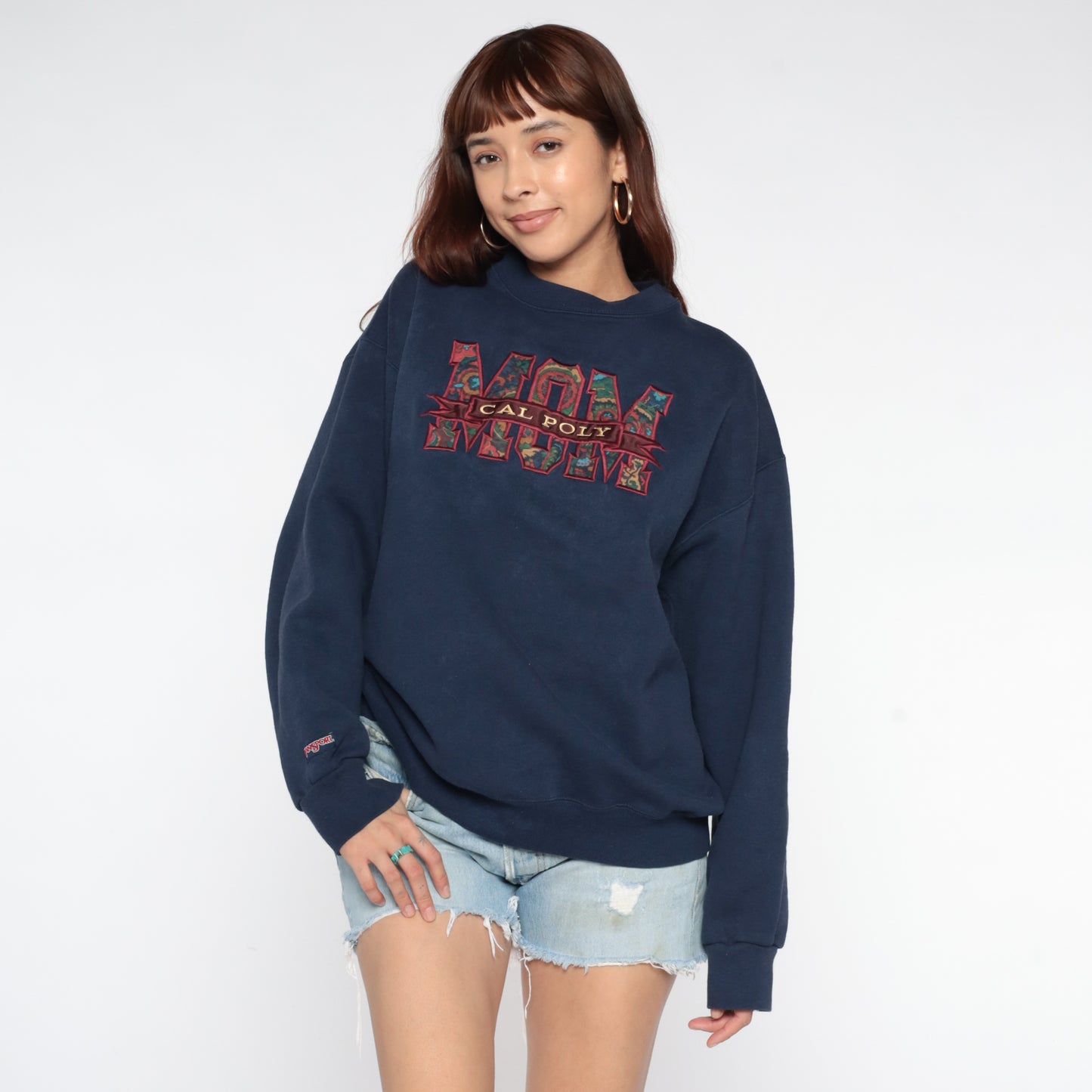 90s Jansport Navy Blue Sweatshirt Cal Poly Mom College University Collegiate Oversized Long Sleeve Graphic Paisley Logo Extra Large XL 16