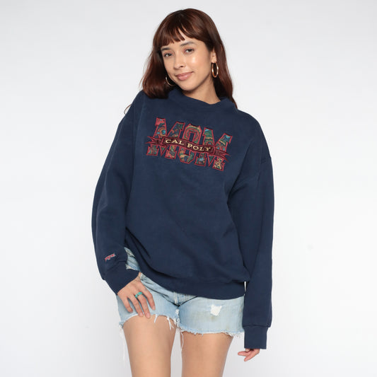 90s Jansport Navy Blue Sweatshirt Cal Poly Mom College University Collegiate Oversized Long Sleeve Graphic Paisley Logo Extra Large XL 16