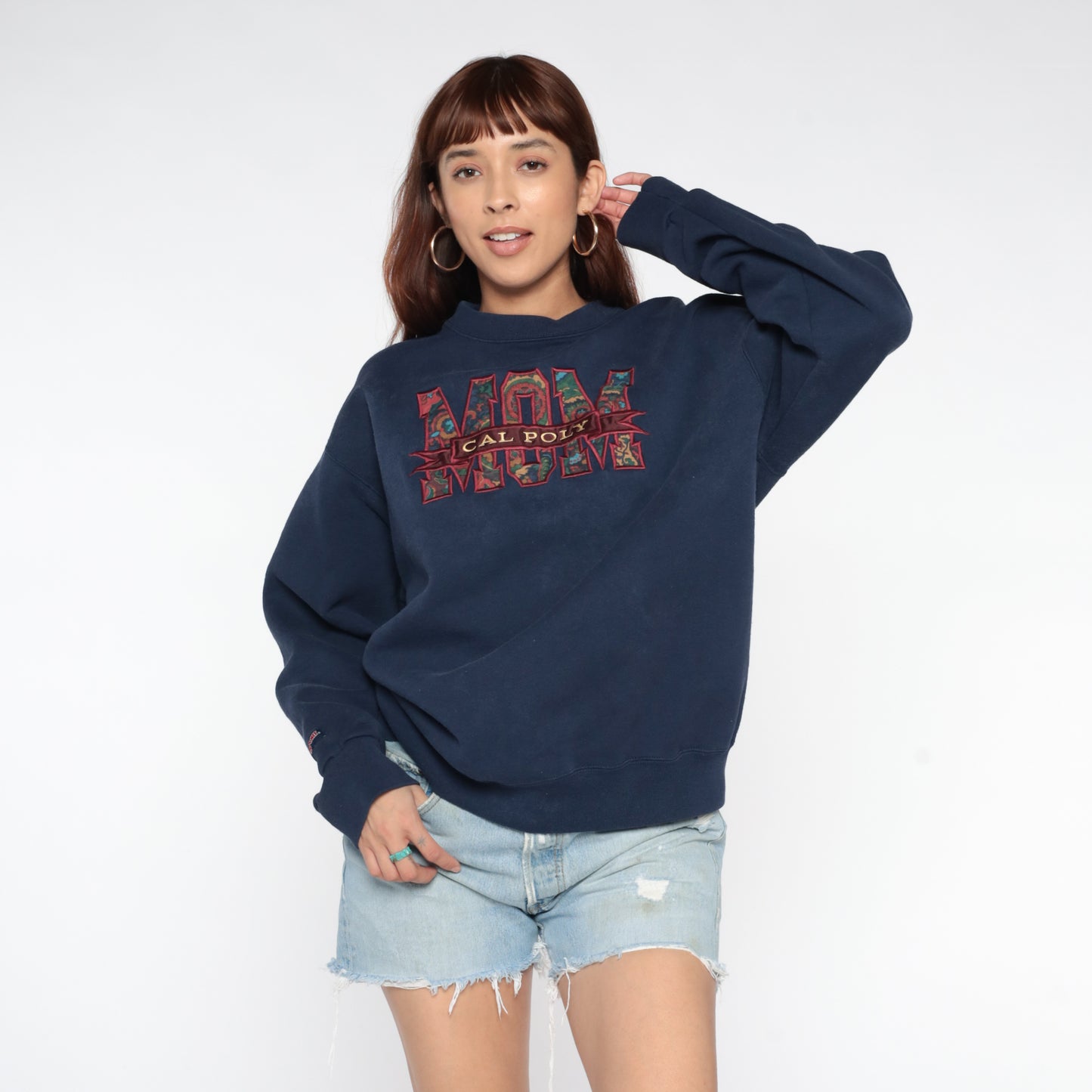 90s Jansport Navy Blue Sweatshirt Cal Poly Mom College University Collegiate Oversized Long Sleeve Graphic Paisley Logo Extra Large XL 16