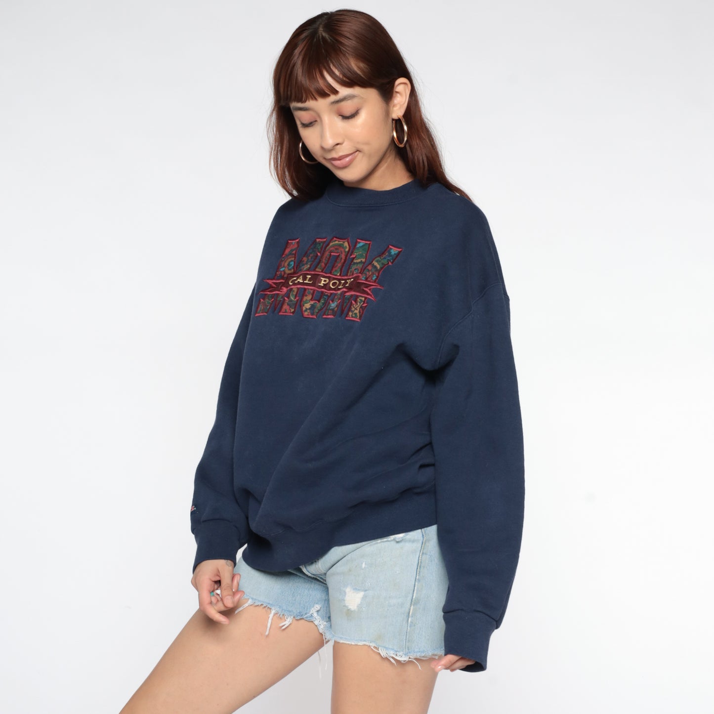 90s Jansport Navy Blue Sweatshirt Cal Poly Mom College University Collegiate Oversized Long Sleeve Graphic Paisley Logo Extra Large XL 16