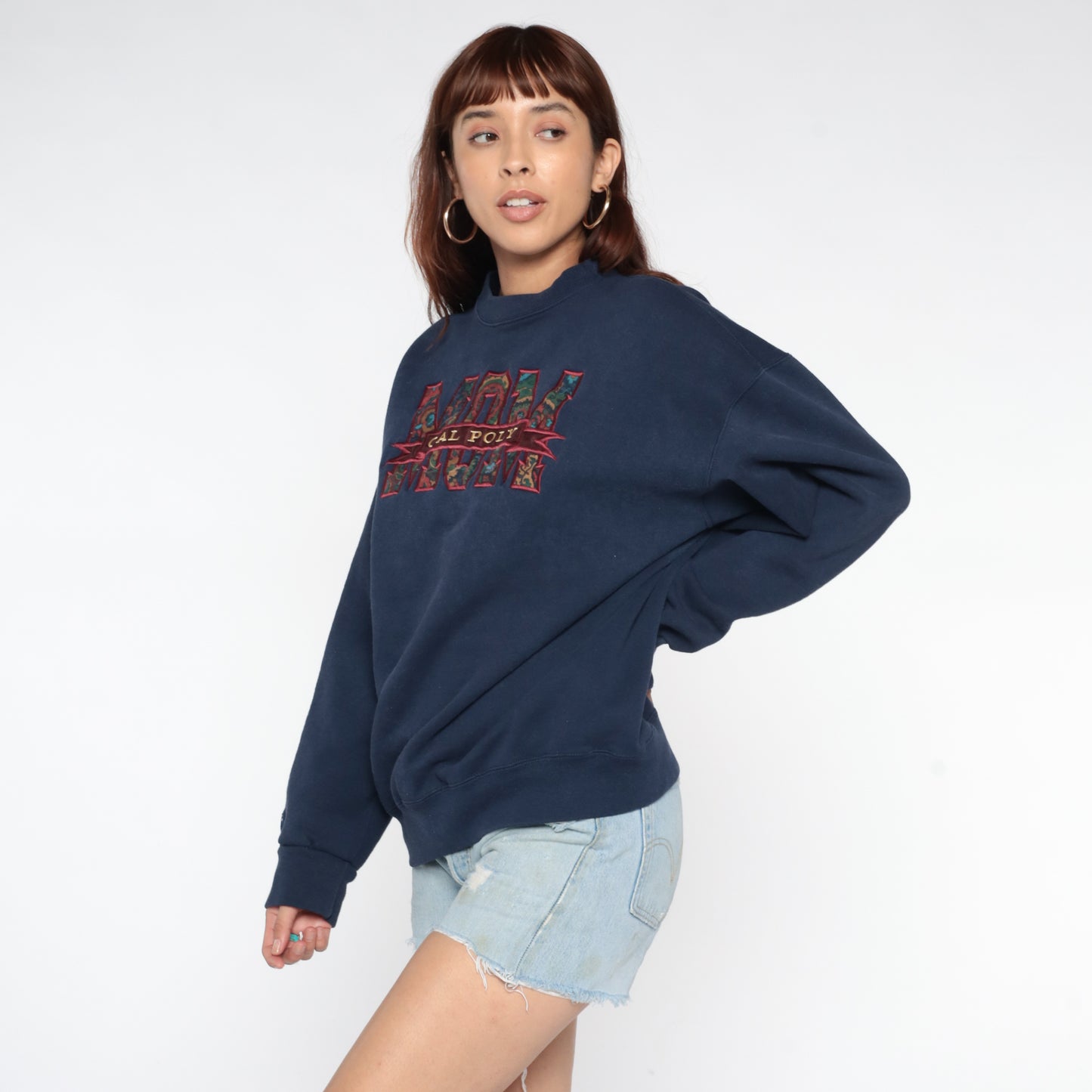 90s Jansport Navy Blue Sweatshirt Cal Poly Mom College University Collegiate Oversized Long Sleeve Graphic Paisley Logo Extra Large XL 16
