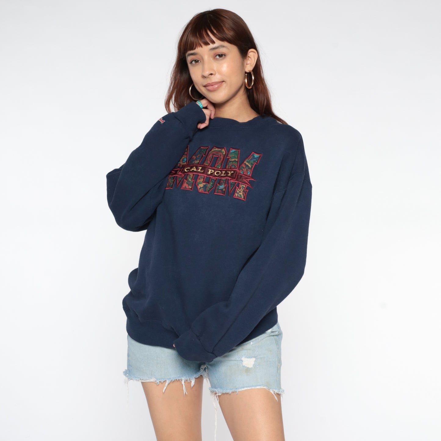 90s Jansport Navy Blue Sweatshirt Cal Poly Mom College University Collegiate Oversized Long Sleeve Graphic Paisley Logo Extra Large XL 16