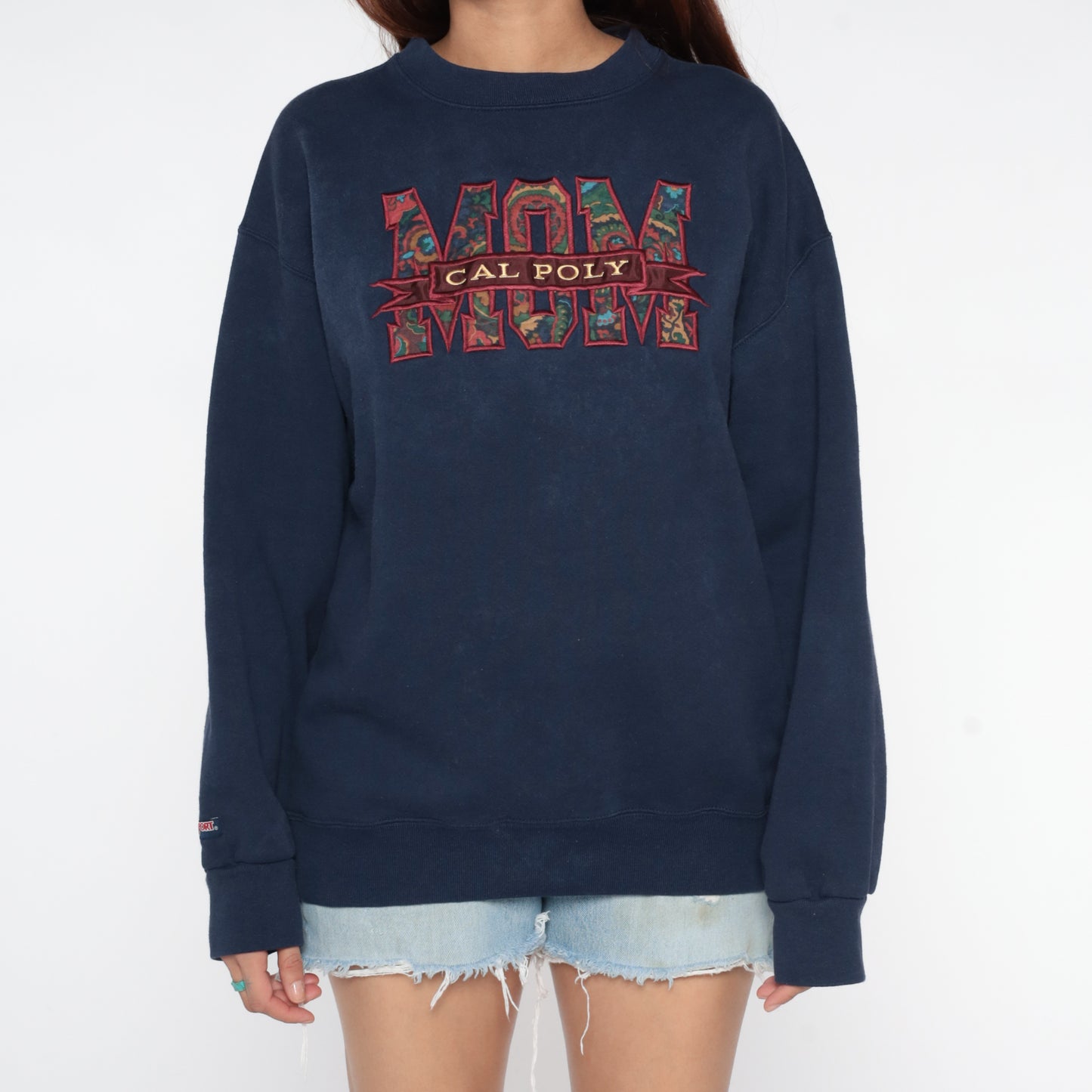 90s Jansport Navy Blue Sweatshirt Cal Poly Mom College University Collegiate Oversized Long Sleeve Graphic Paisley Logo Extra Large XL 16