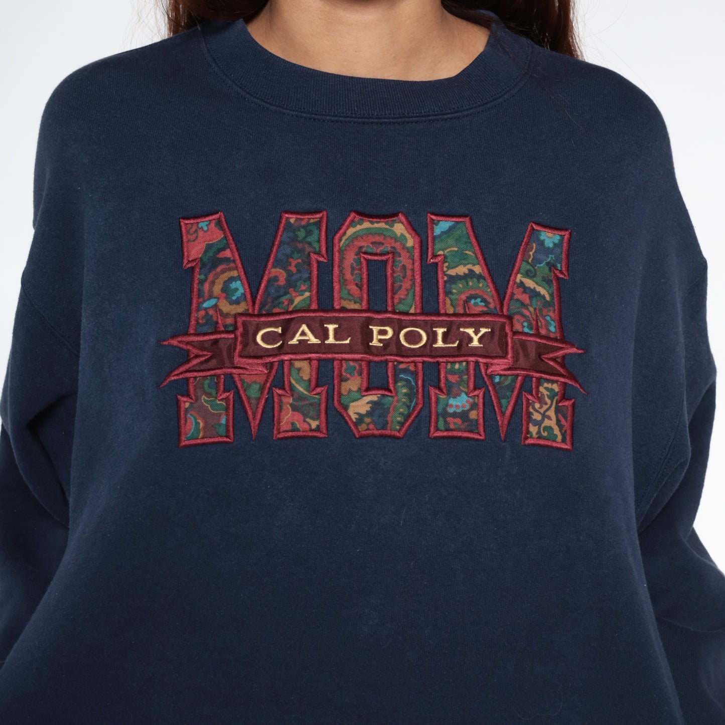 90s Jansport Navy Blue Sweatshirt Cal Poly Mom College University Collegiate Oversized Long Sleeve Graphic Paisley Logo Extra Large XL 16