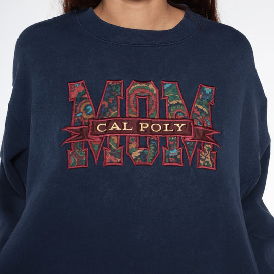 90s Jansport Navy Blue Sweatshirt Cal Poly Mom College University Collegiate Oversized Long Sleeve Graphic Paisley Logo Extra Large XL 16