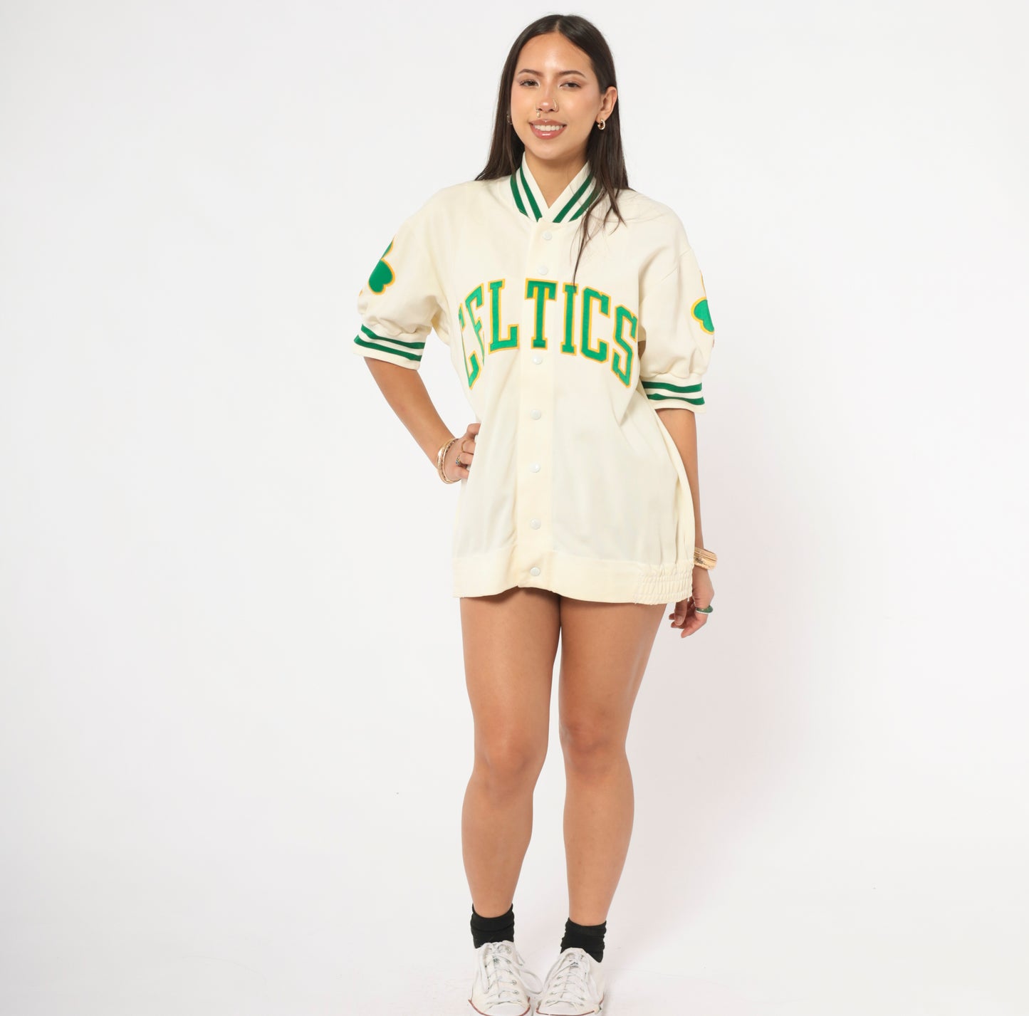 80s Celtics Warm Up Jacket Jersey NBA Basketball Cream Green Shamrock Patch Varsity Striped Collar Cuff Sports Ivory Athletic Top Medium M