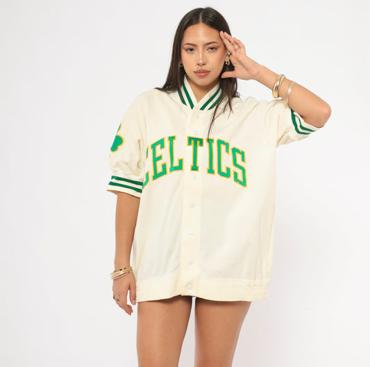 80s Celtics Warm Up Jacket Jersey NBA Basketball Cream Green Shamrock Patch Varsity Striped Collar Cuff Sports Ivory Athletic Top Medium M