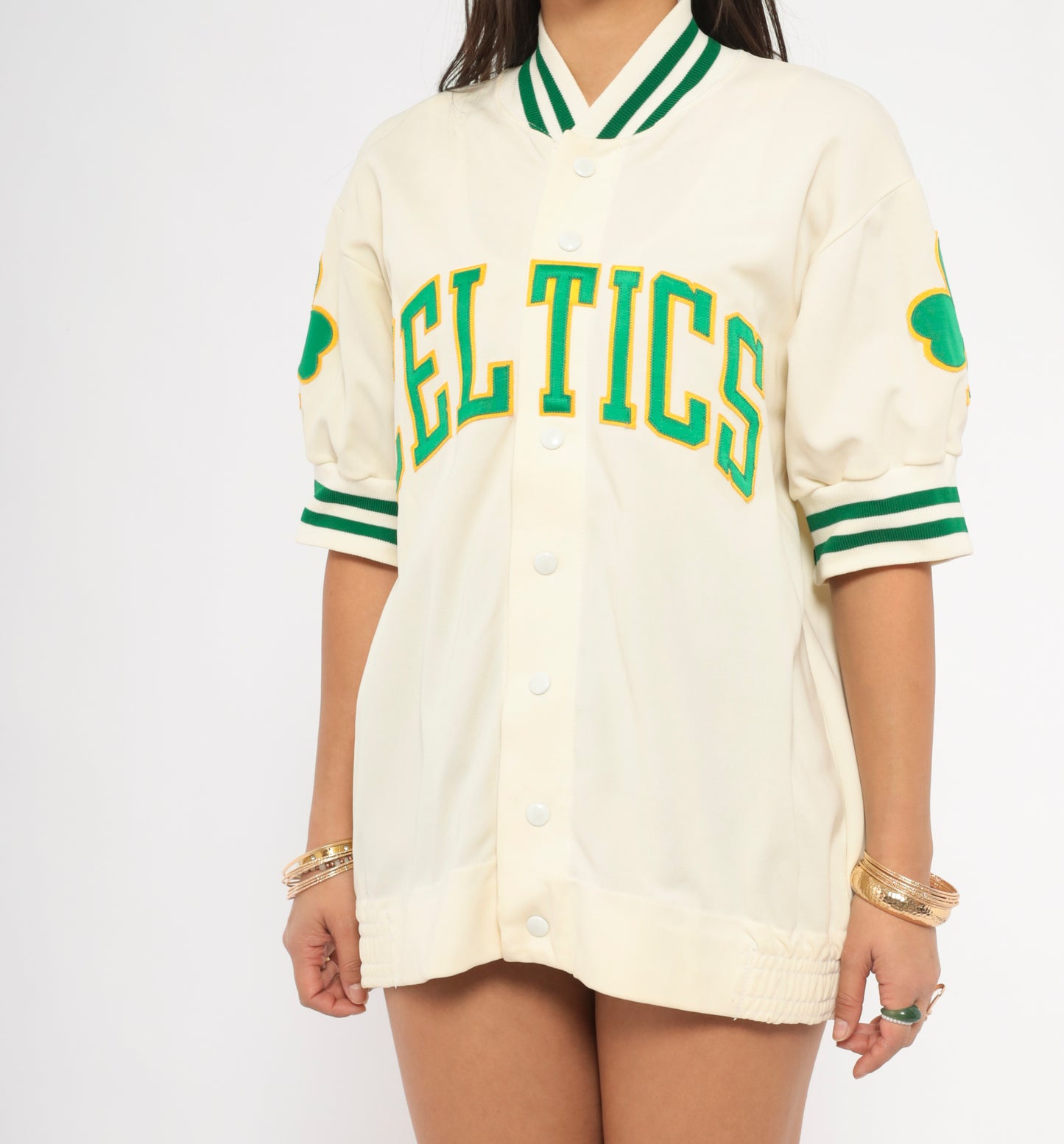 80s Celtics Warm Up Jacket Jersey NBA Basketball Cream Green Shamrock Patch Varsity Striped Collar Cuff Sports Ivory Athletic Top Medium M
