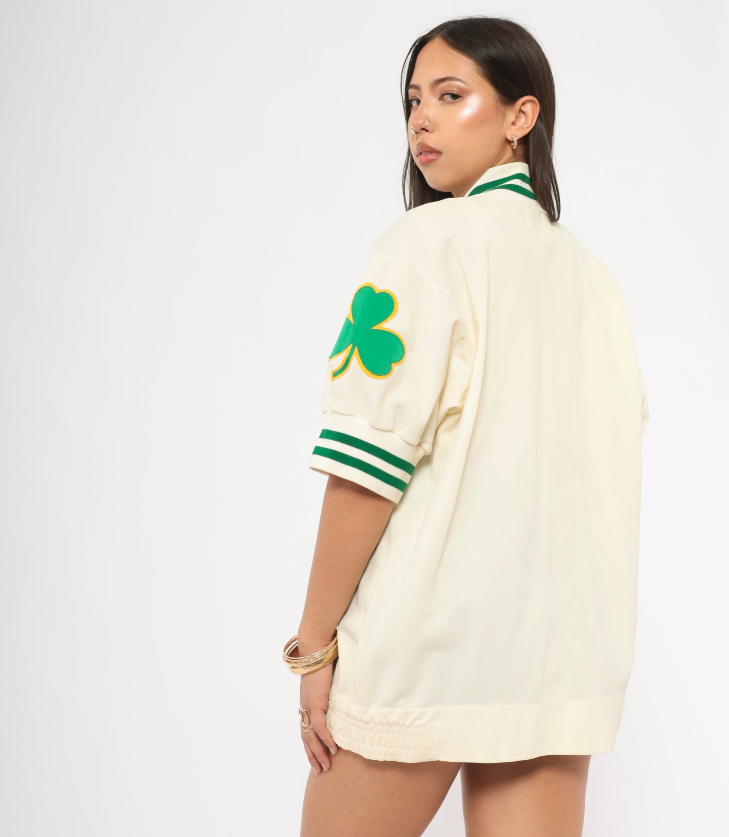 80s Celtics Warm Up Jacket Jersey NBA Basketball Cream Green Shamrock Patch Varsity Striped Collar Cuff Sports Ivory Athletic Top Medium M