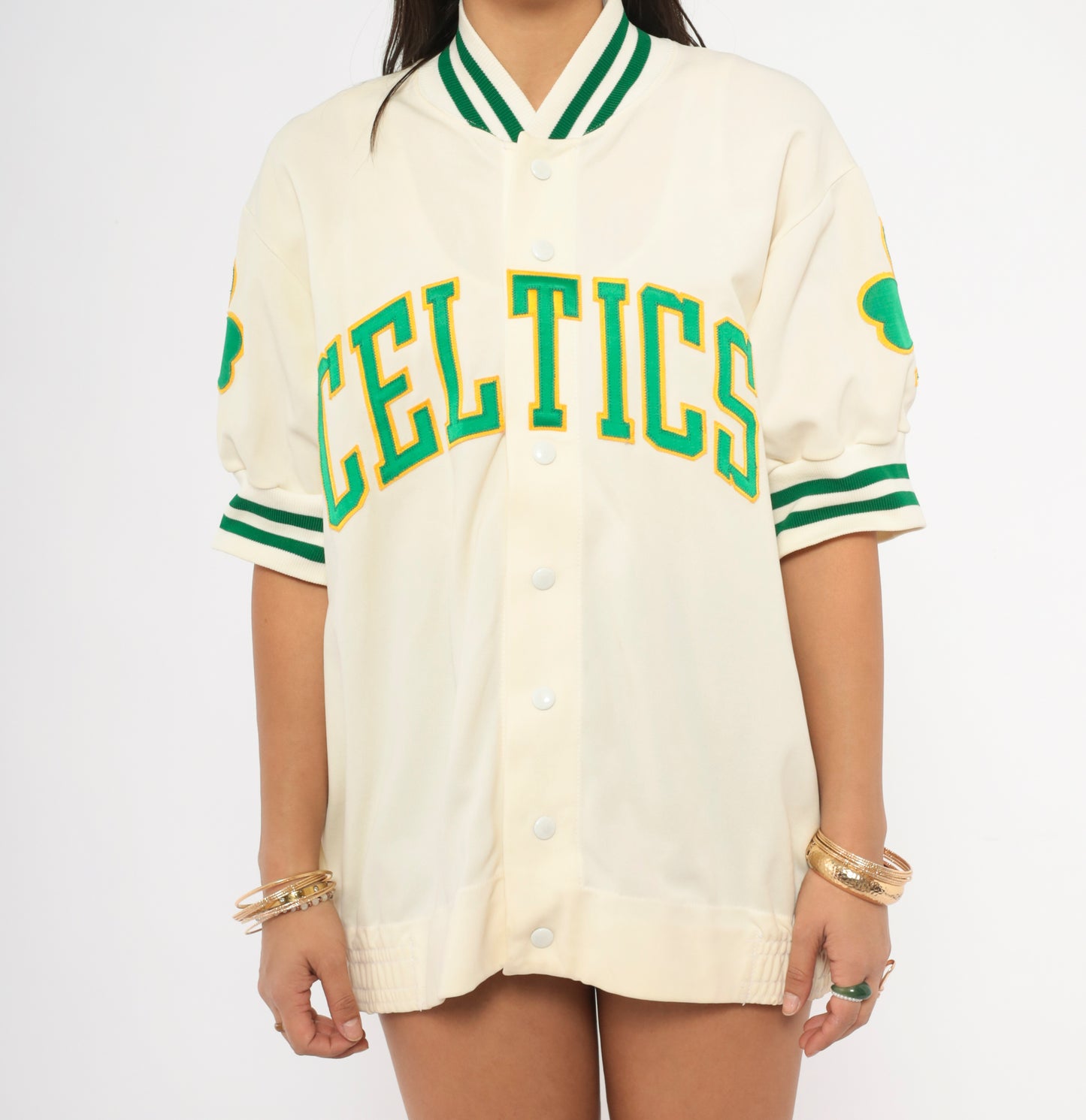 80s Celtics Warm Up Jacket Jersey NBA Basketball Cream Green Shamrock Patch Varsity Striped Collar Cuff Sports Ivory Athletic Top Medium M