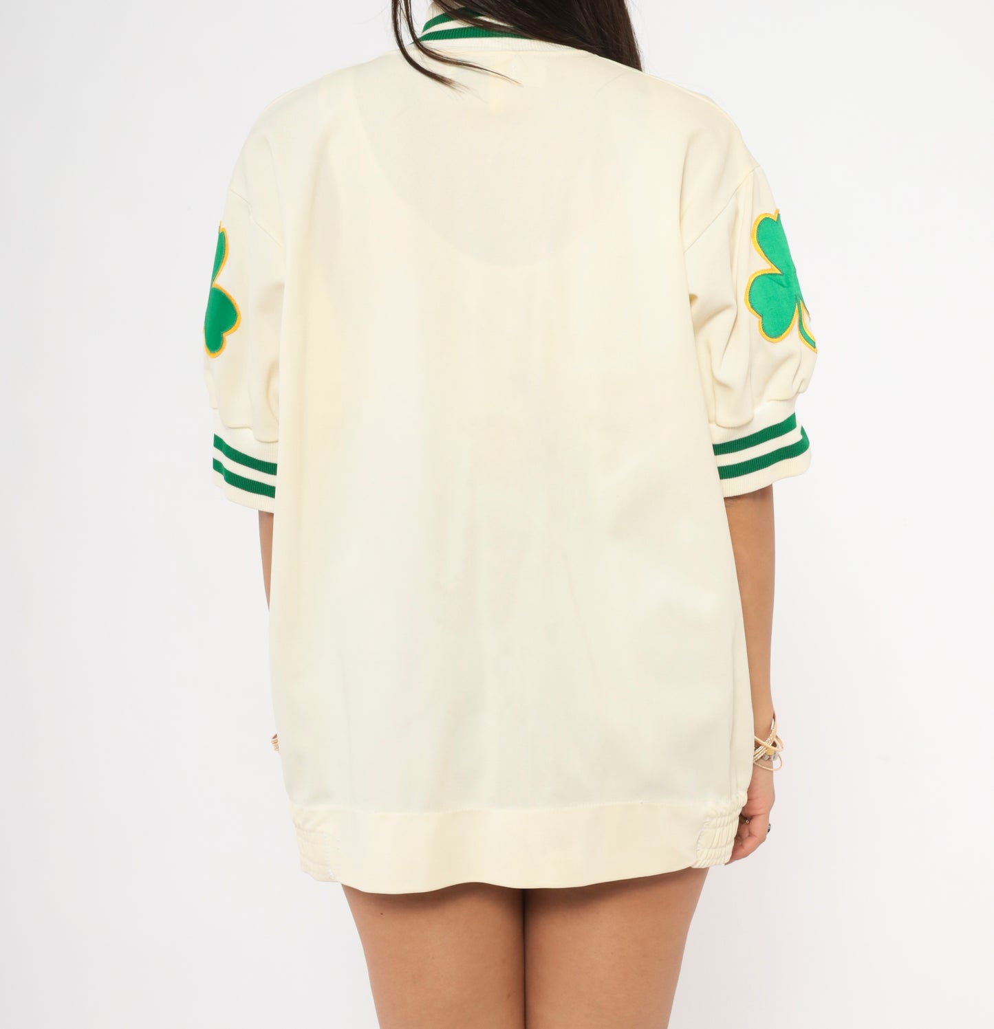 80s Celtics Warm Up Jacket Jersey NBA Basketball Cream Green Shamrock Patch Varsity Striped Collar Cuff Sports Ivory Athletic Top Medium M