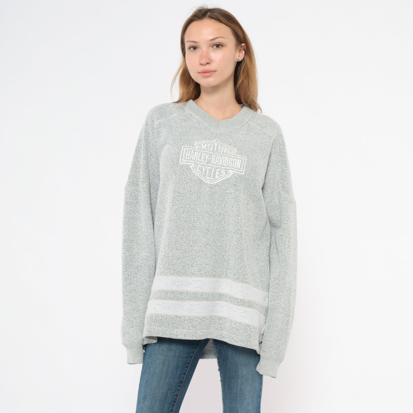 Harley Davidson Sweater Y2K Grey V Neck Pullover Biker Motorcycle Embroidered Stripe Hem Cotton Blend Charcoal Silver Unisex Vintage Large L