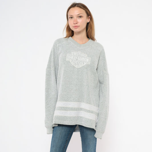 Harley Davidson Sweater Y2K Grey V Neck Pullover Biker Motorcycle Embroidered Stripe Hem Cotton Blend Charcoal Silver Unisex Vintage Large L
