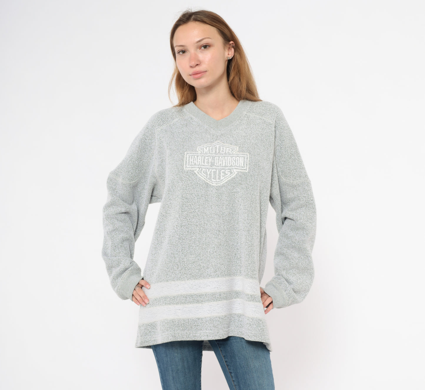 Harley Davidson Sweater Y2K Grey V Neck Pullover Biker Motorcycle Embroidered Stripe Hem Cotton Blend Charcoal Silver Unisex Vintage Large L